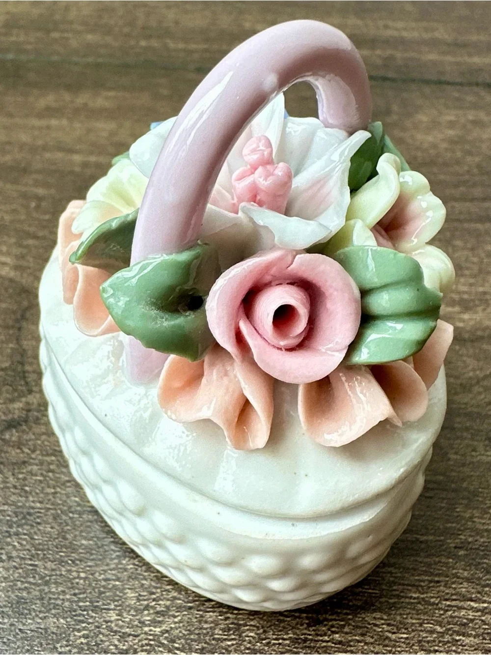 Vintage Capodimonte Style Porcelain Floral Basket Trinket Box - Tiny Chip